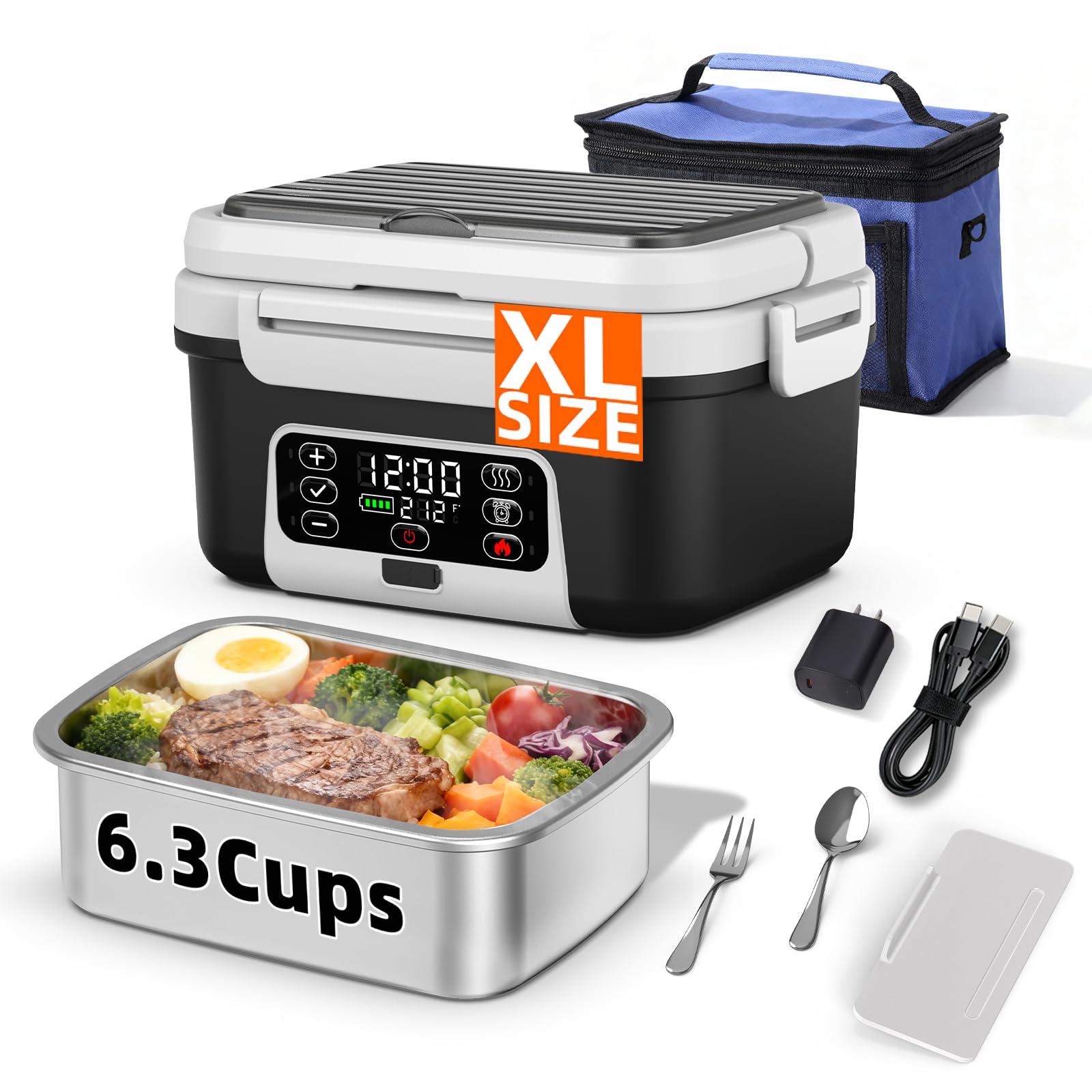 Photo 1 of XL 6.3-Cups Cordless Electric Heated Lunch Box for Adults, 20000mAh Rechargeable Battery Powered Smart Self Heating Lunchbox for Men Women, 100W Food Warmer for Trucks Driver Travel Office Worker