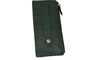 LB LEATHERBOSS Leatherboss Genuine Leather Women's All in One Credit Business Card Case Holder Slim Zipper Wallet With a Card Protection Strap, Teal Green