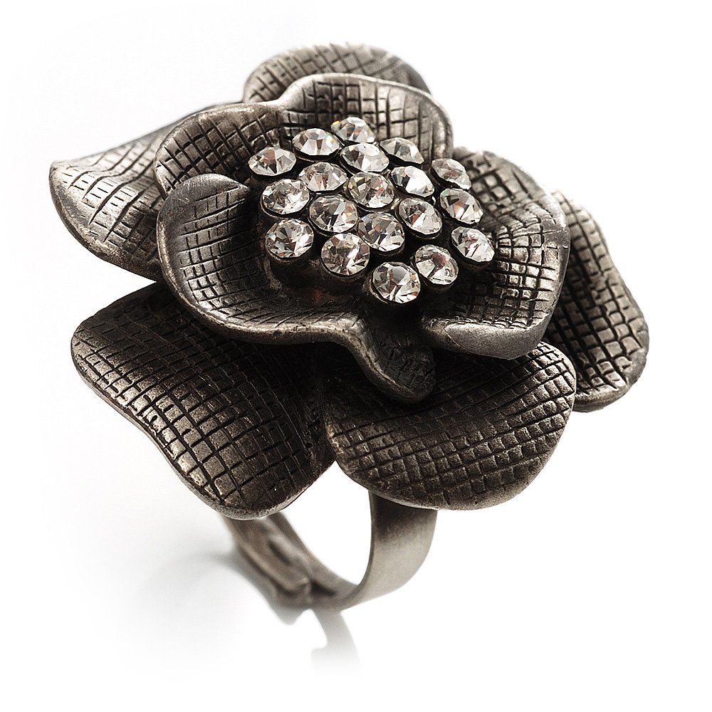 Avalaya Antique Silver Crystal Rose Cocktail Ring
