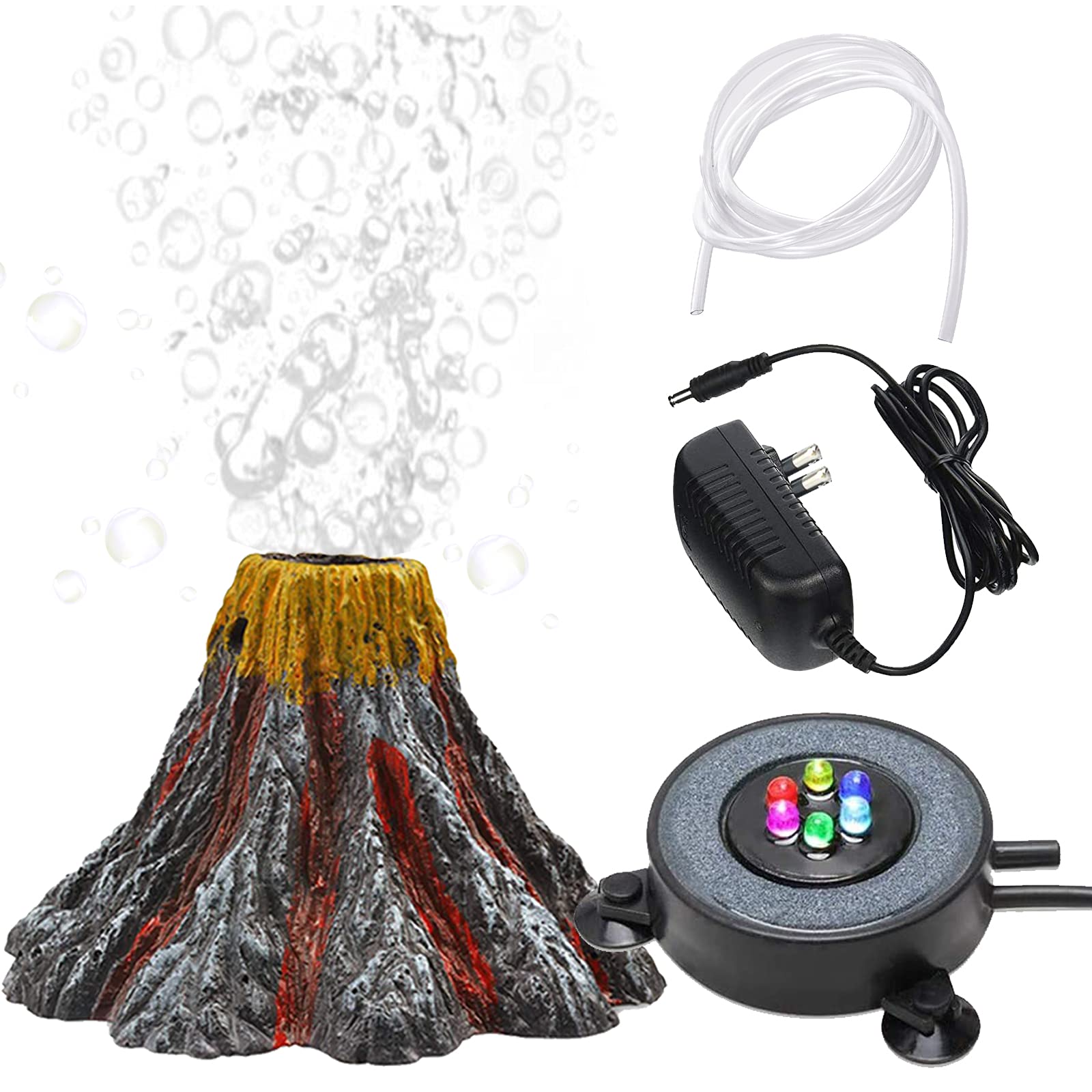 YWNYT Aquarium Volcano Ornament Kit, Multi Colour LED Light Air Stone & Air Pump Accessories, Aquarium Bubbler for Fish Tank Decoration — image 1