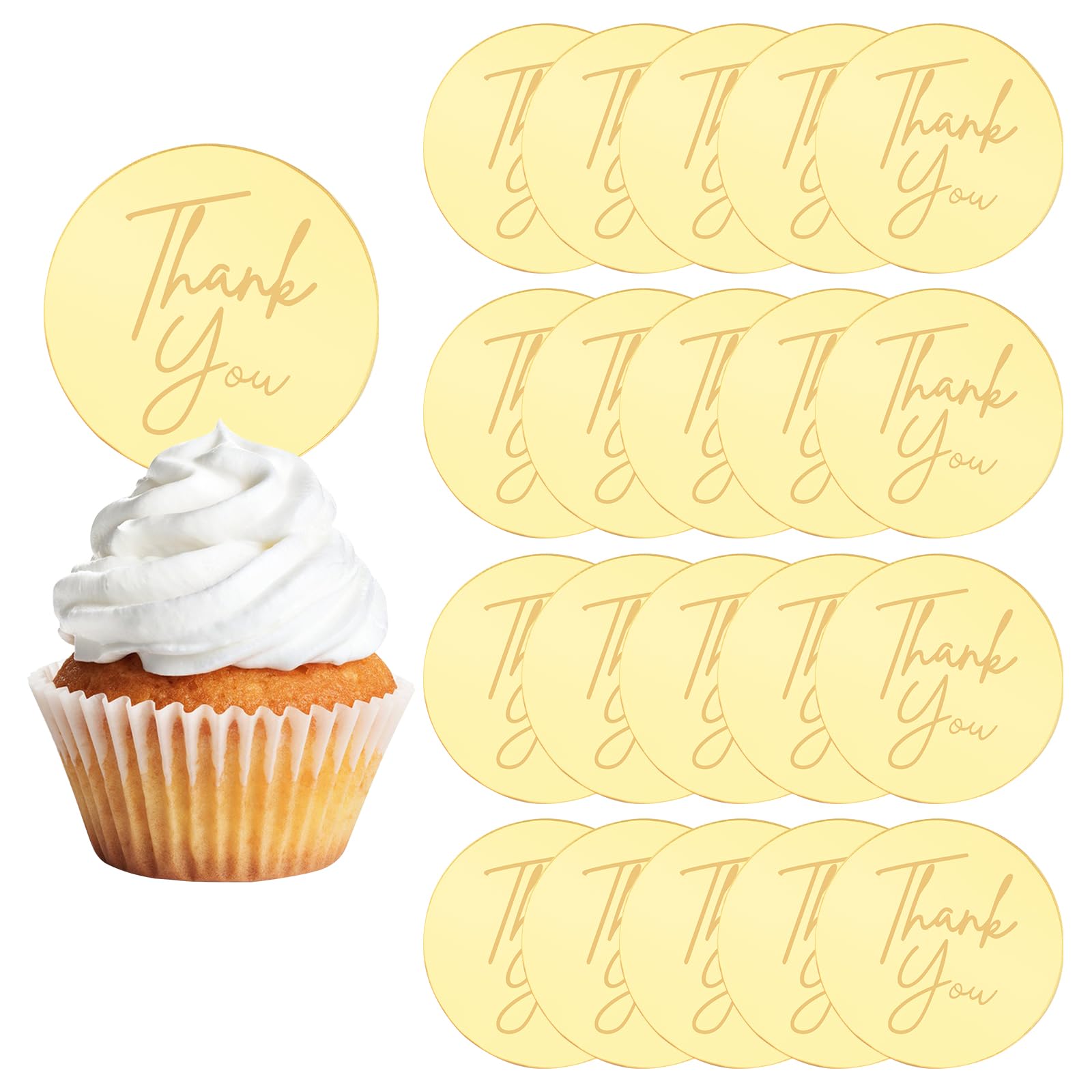 URROMA Cupcake Toppers - 20 Pcs Round Thank You Cake Discs & Picks - Personalized Acrylic Cake Decoration