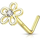 MeIighting Solid 14K Gold Clover Nose Ring L-Shaped 20G with Real CZ Stones