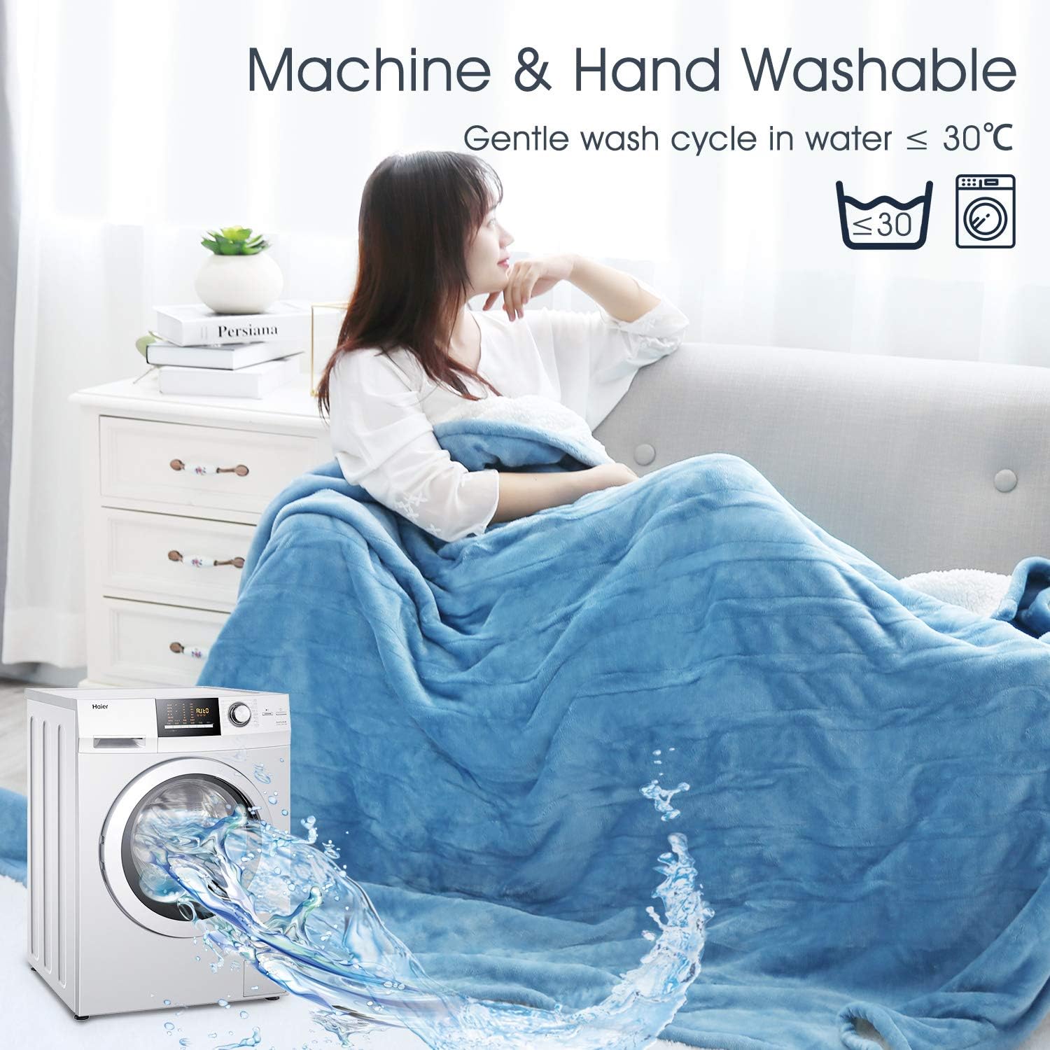 Electric Heated Blanket Twin Size 62"x 84" Flannel & Shu Velveteen Reversible, Fast Heating and for Full Body Warming with 10 Hours Auto Off & 4 Heat Settings, Machine Washable, Home Office Use: Kitchen & Dining