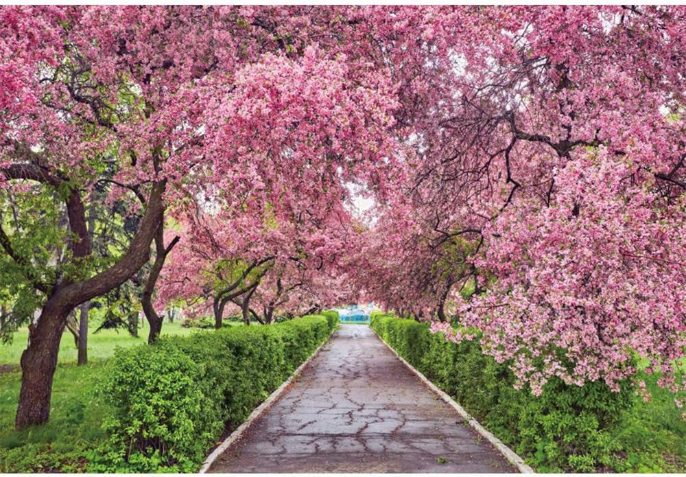 OERJU 10x7ft Cherry Blossom Backdrop Spring Garden Path Grass Valentine's Day Nature Scenic Outdoor Wedding Photography Background Birthday Party Decor Banner Photo Studio Booth Prop