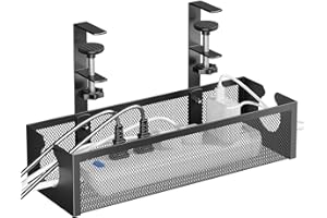 DELAMU Under Desk Cable Management Tray, No Drill Metal Mesh Cable Management Under Desk with F-Clamp Mount & 2 Open Holes, Cord Organizer for Home Office, 1 Pack, Black