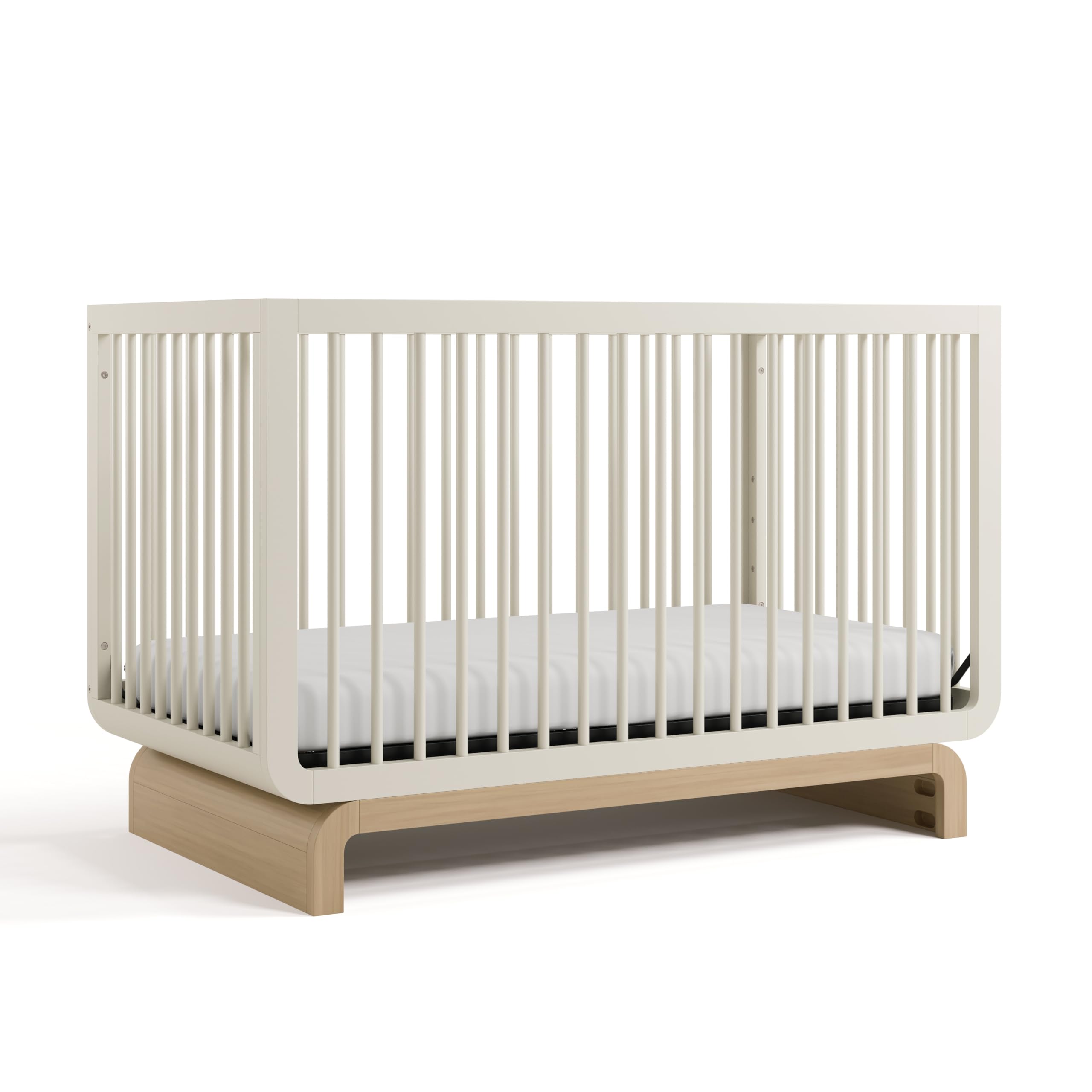 Photo 1 of Storkcraft Santorini Convertible Crib with Toddler Guardrail (Frosted Oat & Driftwood) – GREENGUARD Gold Certified, Toddler Bed Conversion Kit Included, 100% Solid Wood, Fits Standard Crib Mattress
