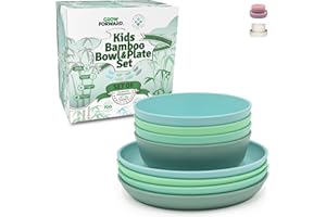 Grow Forward Bamboo Kids Plates and Bowls Set - 4 Bamboo Plates for Kids and 4 Bamboo Bowls for Kids - BPA Free & Dishwasher Safe - Eco Friendly and Reusable Childrens Dishes - Rainforest