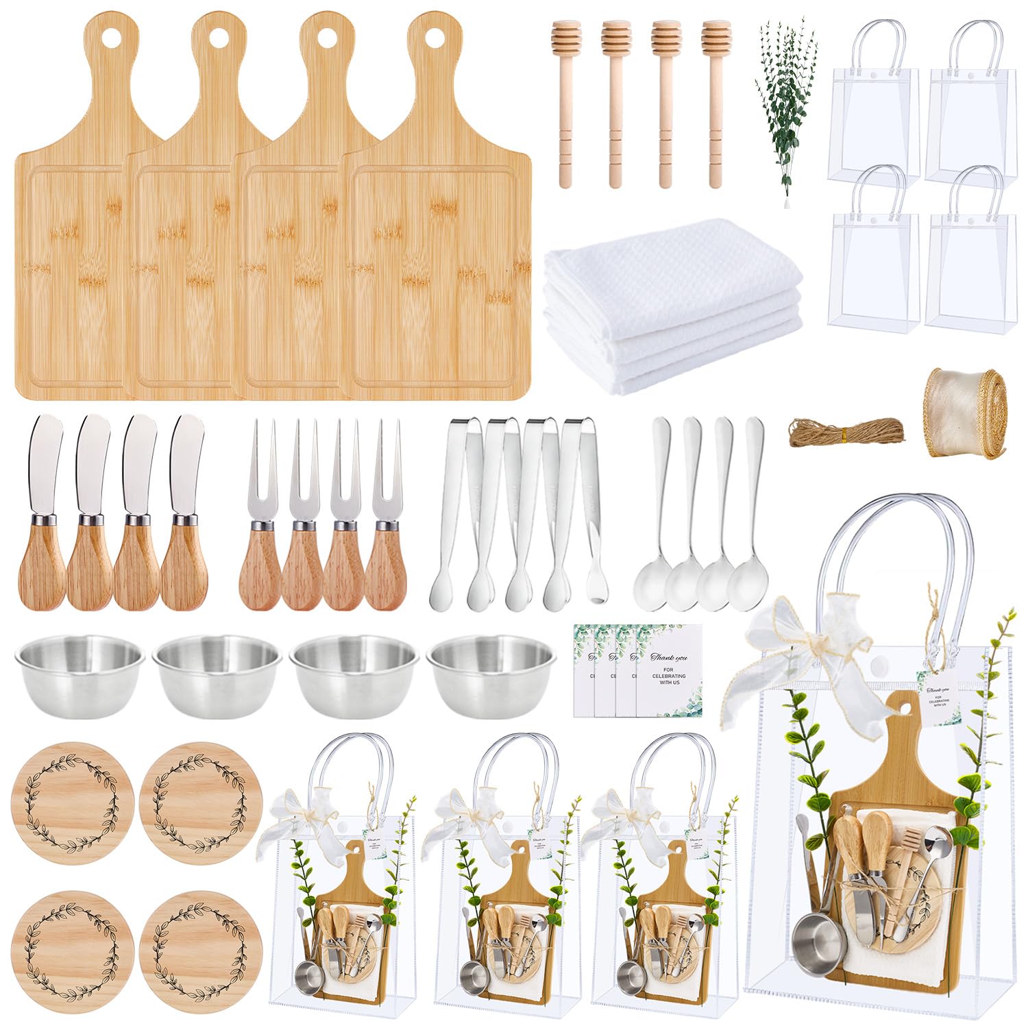 Photo 1 of * Not everything included*Baby Shower Prizes for Game Winners 4 Sets Cheese Board Honey Dipper Charcuterie Utensils Set Towel Thank You Card and Gift Bags for Baby Shower Wedding Bridal Shower Favors (4 Set-Bamboo, Silver)
