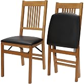 Stakmore True Mission Solid Foldable Wood Dining Chairs, Oak Finish, 2 Pack | Folding Chair Set for Small Spaces, with Black Vinyl Padded Cushioned Upholstered Seat, for Indoor Use
