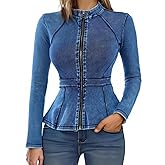 Lynroxia Casual Denim Peplum Jacket for Women Long Sleeve Zip Front Athletic Workout Ruffle Blazer Coats