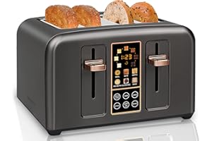 SEEDEEM Toaster 4 Slice, Stainless Toaster LCD Display, Touch Buttons, 6 Bread Selection, 7 Shade Settings, 1.4''Wide Slots Toaster Cancel, Defrost, Reheat, Removable Crumb Tray, 1800W, Dark Metallic