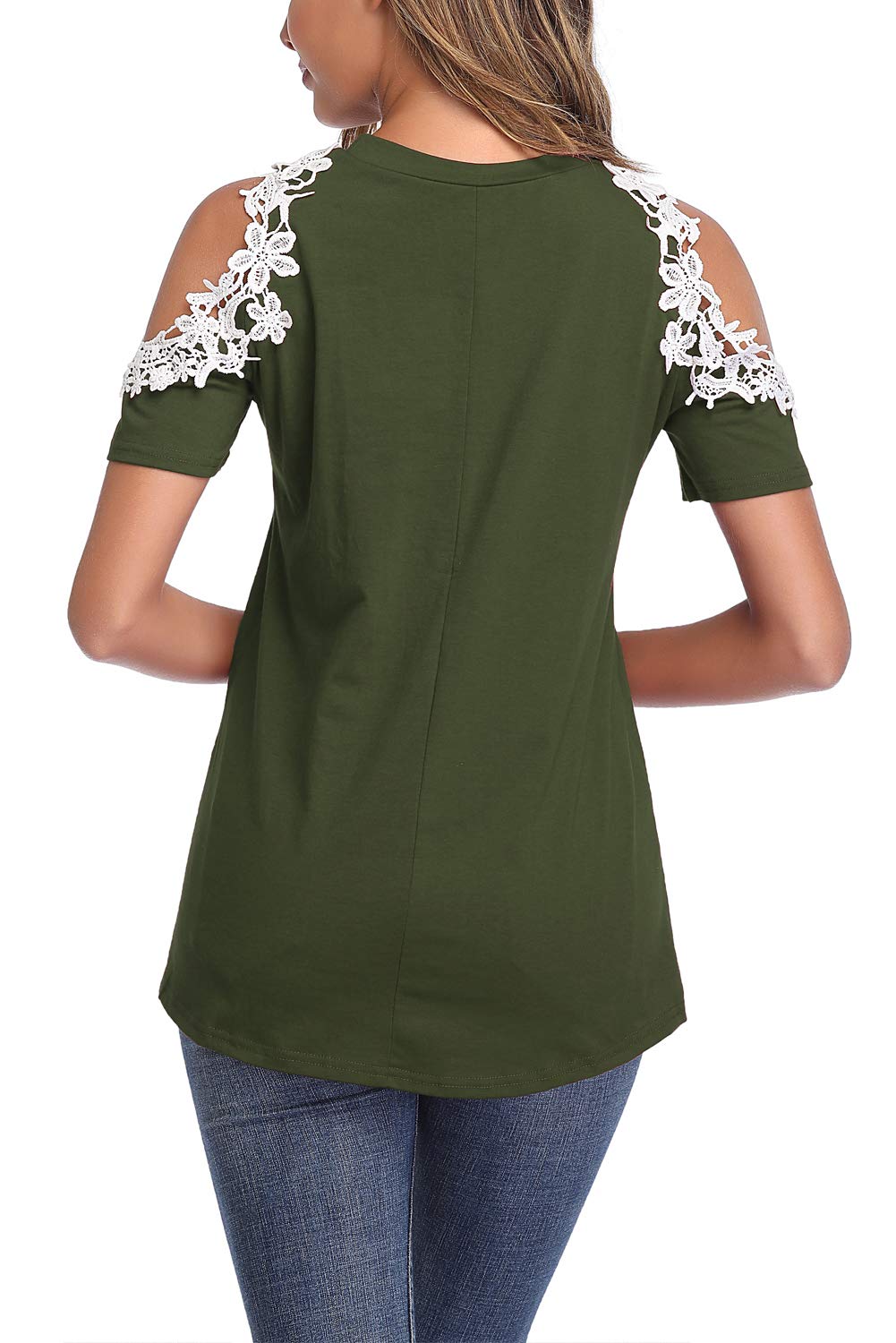 Donnalla Womens Summer Casual Tops Lace Cold Shoulder Short Sleeve Loose Blouse Shirt(Army Green XX-Large)
