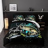 Nttopship Big Pike Fish Bedding ，Hunting and Fishing Brown Green Bedding Set Themed Comforter Set for Kids Boys Room Decor, Full Bed in a Bag for Teens with 2 Pillowcases