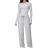 iGENJUN Women's 2 Piece Sets Long Sleeve Scoop Neck Crop Top Wide Leg Tracksuits Casual Lounge Set Matching Sets
