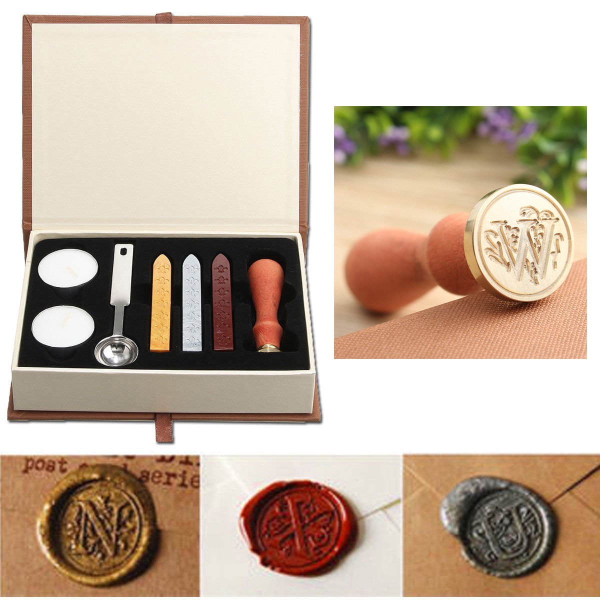 Wax Seal Stamp Kit, PUQU Classical Old-Fashioned Antique Wax Stamp Seal Kit Initial Letters Alphabet Set Gift Box with Vintage Wooden Handle and Brass Color Head (W)