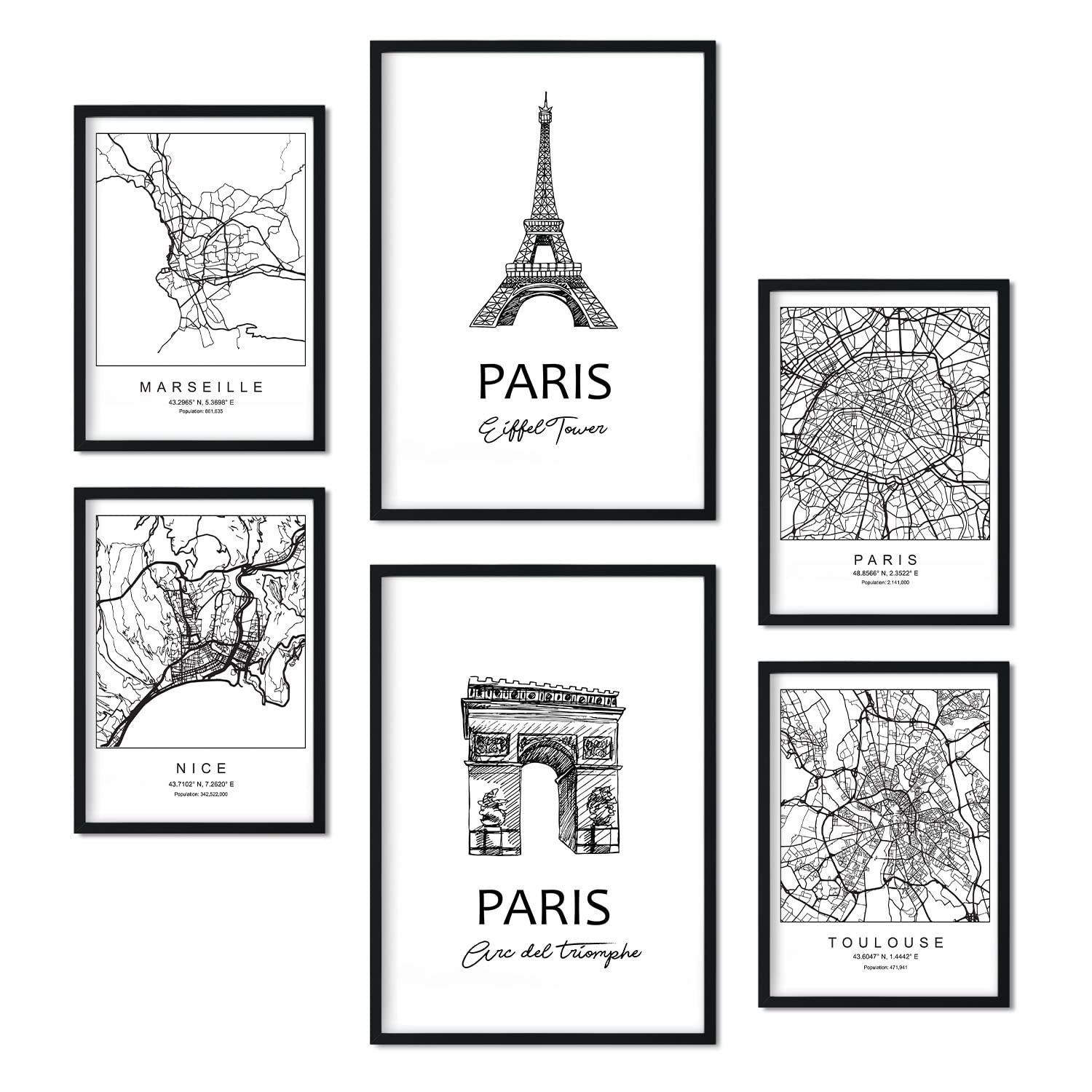 Nacnic Set of 6 prints of France. Aesthetic posters of maps and monuments in Black and White for your home, business, office. Nordic style interior decoration. A4 and A3 sizes. Without frame.