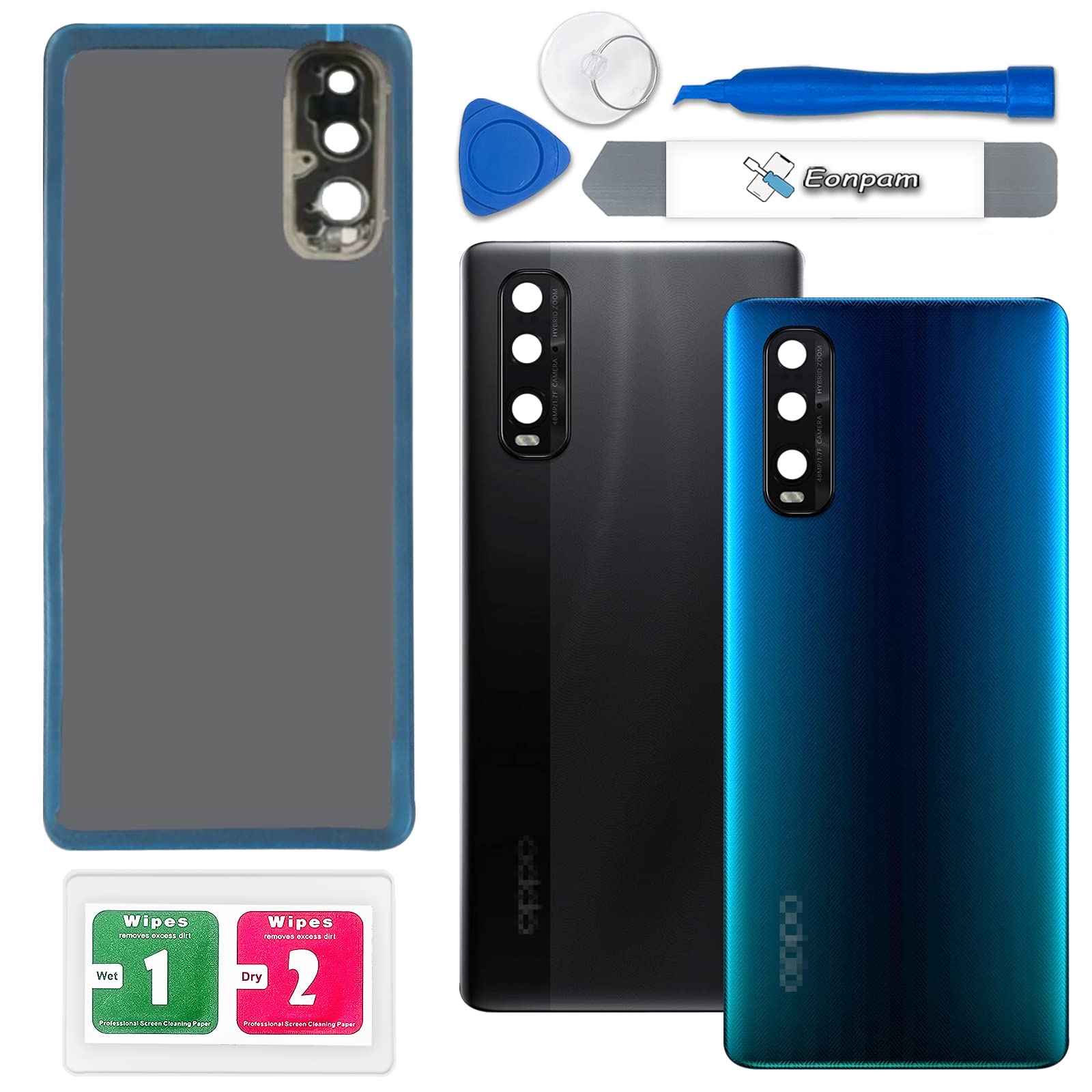Eonpam Back Cover Glass for Oppo Find X2 Rear Glass Replacement with Camera Lens + Repair Kit Genuine Rear Housing (Blue)