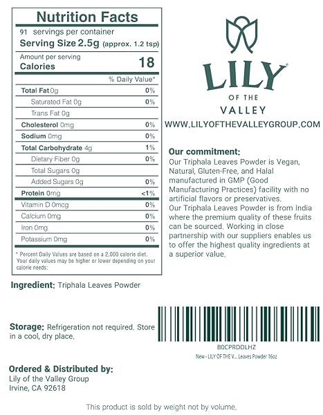 LILY OF THE VALLEY TRIPHALA POWDER – MIX OF AMLA, HARITAKI & BIBHITAKI – SOURCED FROM INDIA – HERBAL ADAPTOGEN SUPERFOOD – VEGAN & GLUTEN-FREE (16OZ, 453G)- PACKAGE MAY VARY
