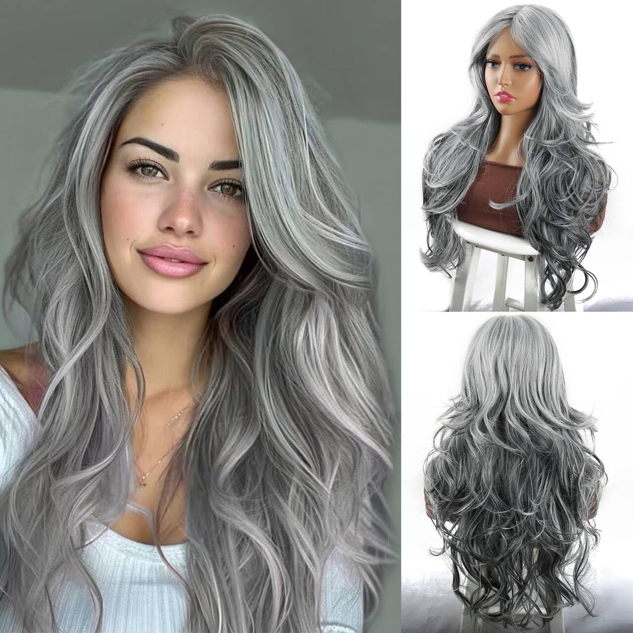 Photo 1 of Jolelyne Silver Gray Ombre Highlight Wigs Layered Wavy Wig with Curtain Bangs for White Black Women Light Grey Body Wave Natural wavy Long Hair for Women Synthetic Silver Highlight Gray 24inch