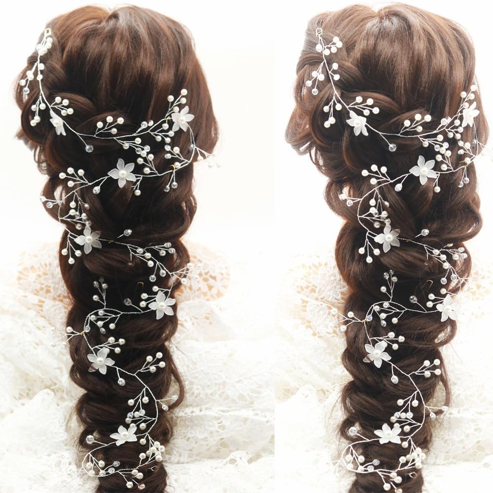 Kercisbeauty1M Headband Long Bridal Hair Vine Flower Vintage Hair Piece Crystal Headpiece Bohemian Headband Halo Crystal Ornament Wedding Hair Vine 39.4 Inches (Silver)