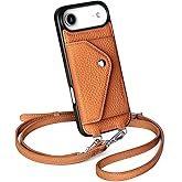 LUCKYCOIN Crossbody Wallet Phone Case for iPhone Air, Genuine Phone Case with Expandable Wallet Card Holder & Adjustable Removable Crossbody Strap, Phone Purse with Card Slot - Pebble Brown