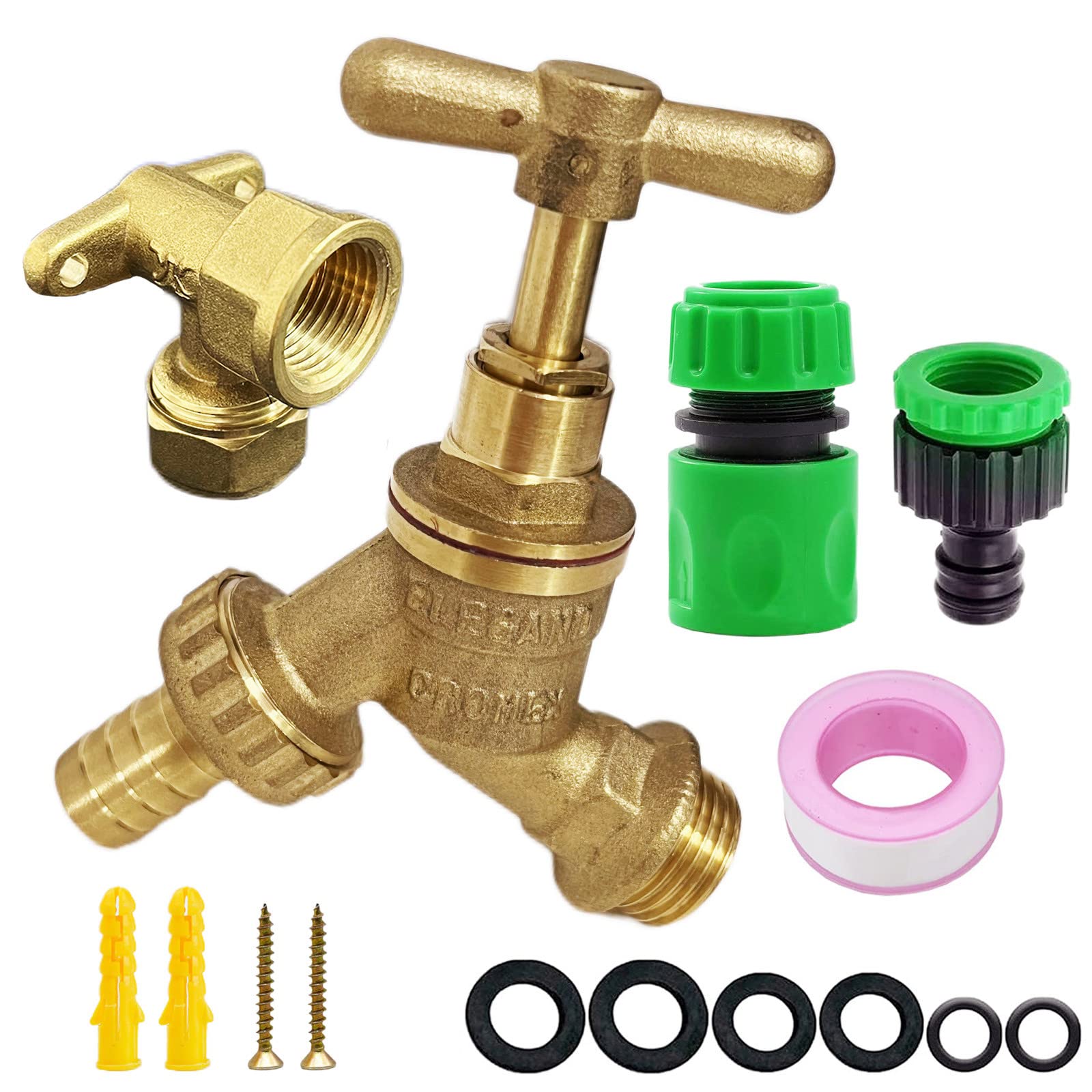 YAAVAAW Outdoor Garden Tap Kit - 1/2 Inch BSP Hose Union With Brass Wall Plate Fixture, Outside Hose Fitting Set, Water Bibcock for IBC Tank, Wall Mounted