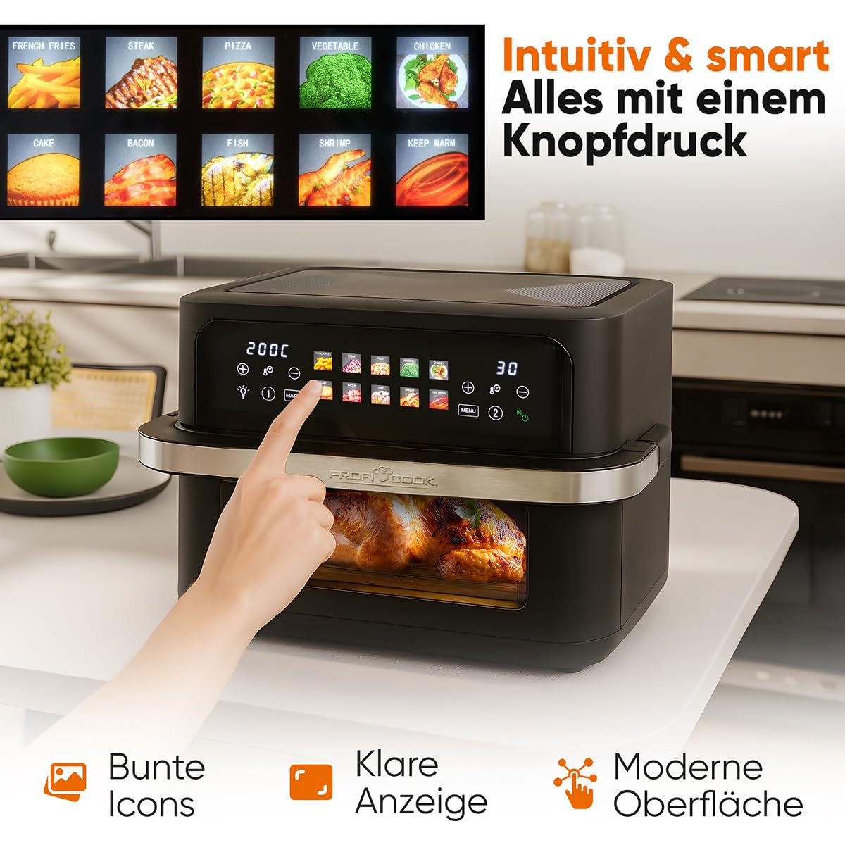 ProfiCook® XXL Heißluftfritteuse | 10L | Öl und Fettfrei | buntes Touch-Display | 2400W Airfryer | Heißluftfritteuse 2 Kammern | 10 Programme | 80-200°C | Heissluftfritteuse | PC FR 1313 H 5