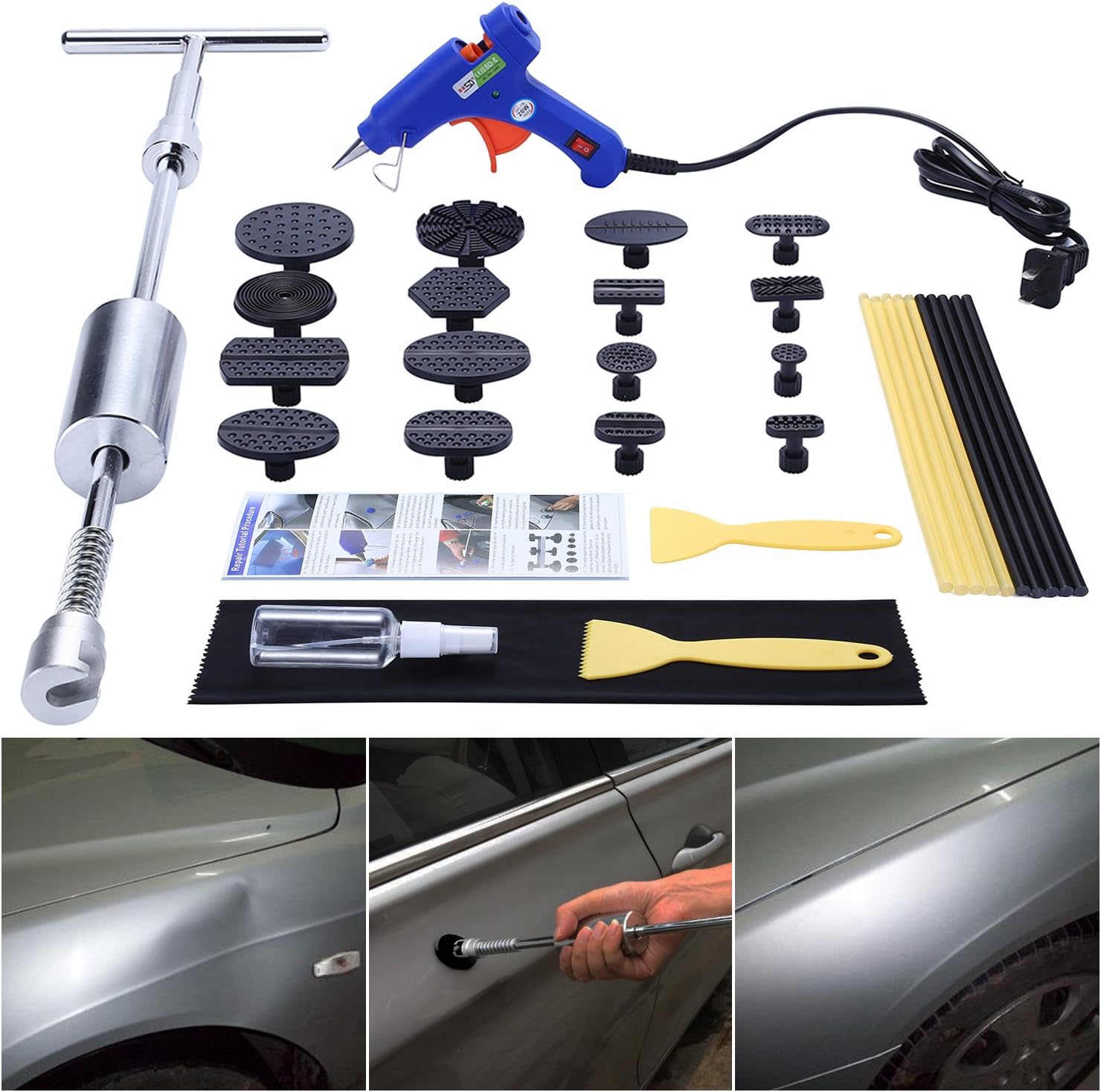 GLISTON Paintless Dent Repair Remover Kit Dent Puller Pro Slide Hammer Tools with 16pcs Thickened Black Tabs for Diy Automobile Body Hail Damage Removal