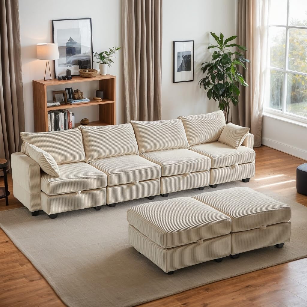 Photo 1 of ***UNCOMPLETE SET BOX 2/3******KEIKI 113.5" Modular Sectiona Corduroy Sofa Storage Ottoman, 6 Seat Sectional U Shaped Couches for Living Room Bedroom Office Apartment, Beige