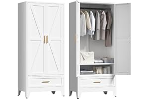 Washsemba 71'' Farmhouse Metal Wardrobe Cabinet with Hanging Rod, 2 Barn Door Wardrobe Closet with Adjustable Shelves,Drawer,for Dining Room,Bedroom,Living Room, Cloak Room,Office (White)