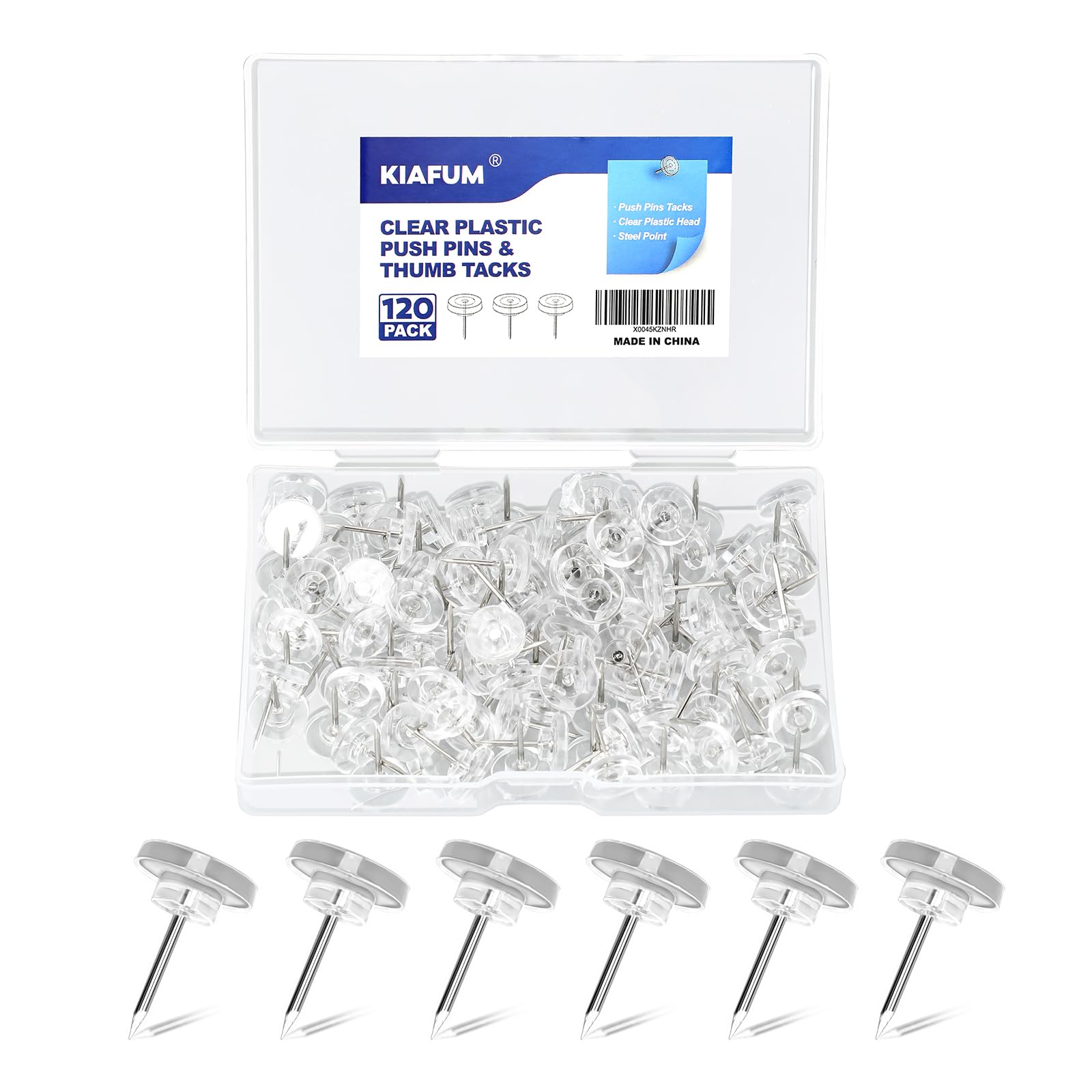 Photo 1 of 120 Count Push Pins, Premium Clear Push Pin, Clear Thumb Tacks Steel Point and Plastic Head, Flat Head thumbtacks for Photo Wall, Bulletin Board, Home Office Use