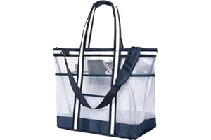 Vulken 42L Extra Large Mesh Beach Bag. 9 Pockets Top Zip Tote Bag Shoulder Bag