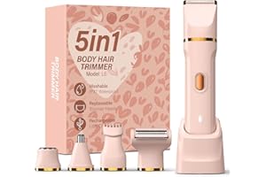 HOHOLE 5-in-1 Bikini Trimmer for Women, IPX7 Waterproof Electric Hair Trimmer, Cordless Body Razors Shaver, Facial & Pubic Hair Removal, Ceramic Blade, Rose Red