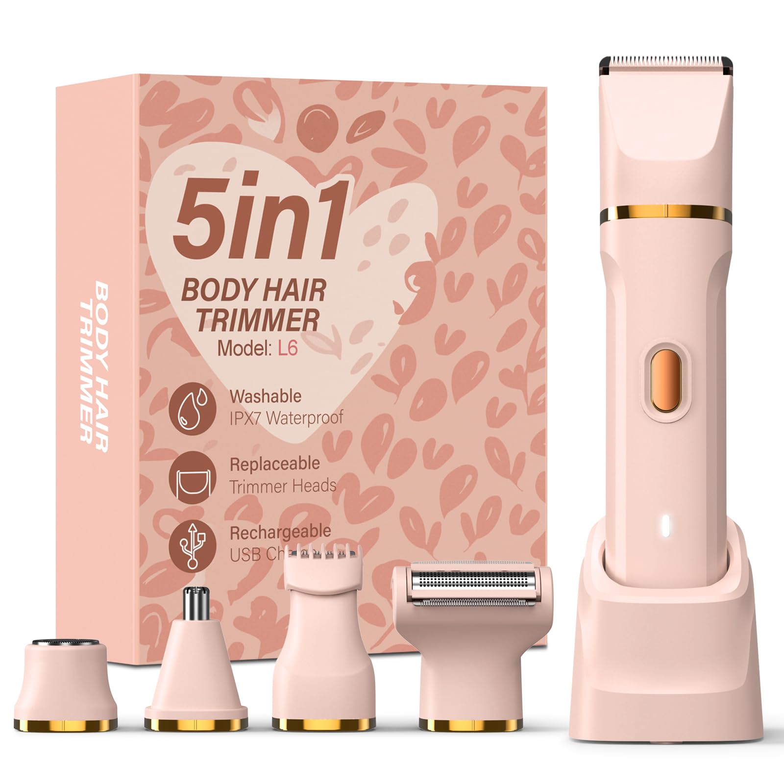Photo 1 of HOHOLE 5-in-1 Bikini Trimmer for Women, IPX7 Waterproof Electric Razors Shaver, Cordless Body Hair Trimmer, Facial & Pubic Hair Removal, Ceramic Blade (Pink)