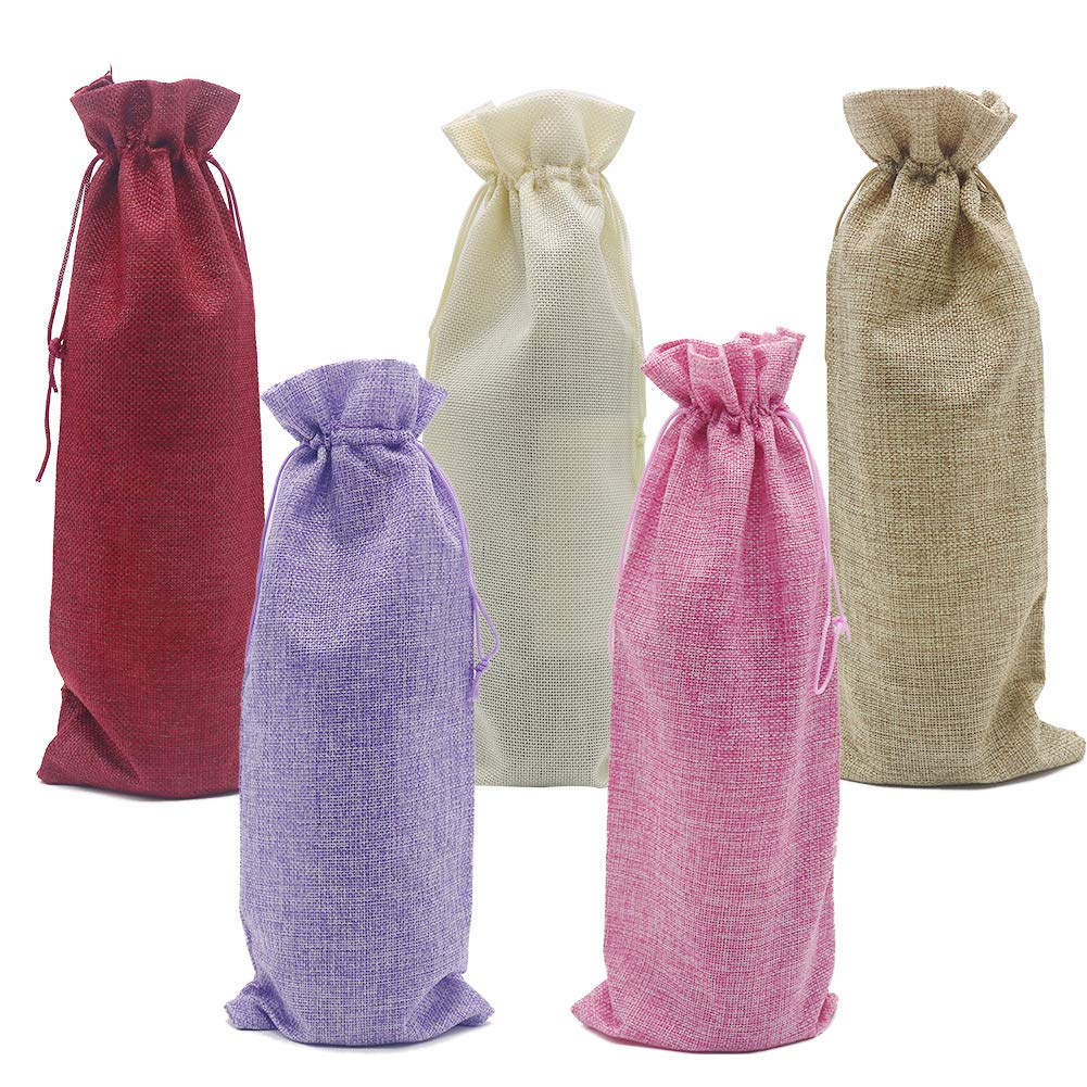 HRX Package Jute Wine Bottle Bags with Drawstring, 10 PCS 5 Colors Reusable Bottle Decoration Covers Pouches for Blind Wine Tasting (36.7×14.5cm)