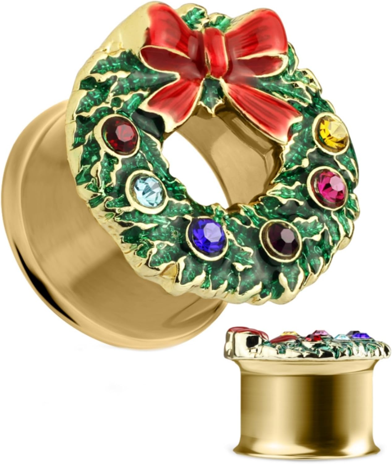 Pair of Festive Christmas Wreath Tunnels Ear Plugs Gauges Made with