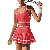 ReachMe Womens Two Piece Tennis Skirt Set 2 Piece Golf Outfits Halter Top and Mini Skorts Matching Workout Sets