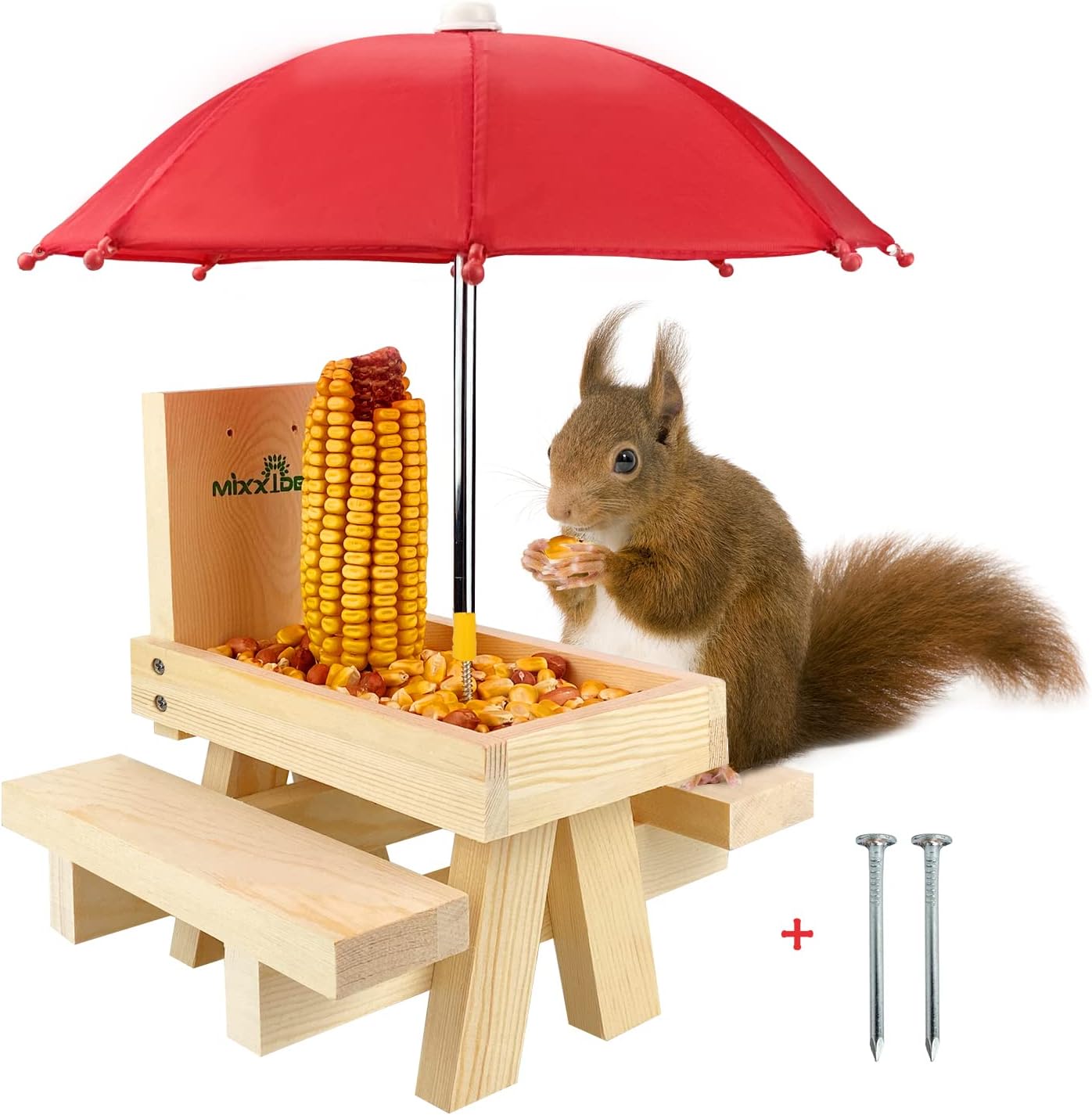 Backyard Birding & Wildlife - MIXXIDEA Squirrel Feeder Table with Umbrella, Wooden Squirrel Picnic Table Feeder, Durable Squirrel Feeder Corn Cob Holder, with Solid Structure and 2 x Thick Benches(Squirrel Feeder table-1pk)