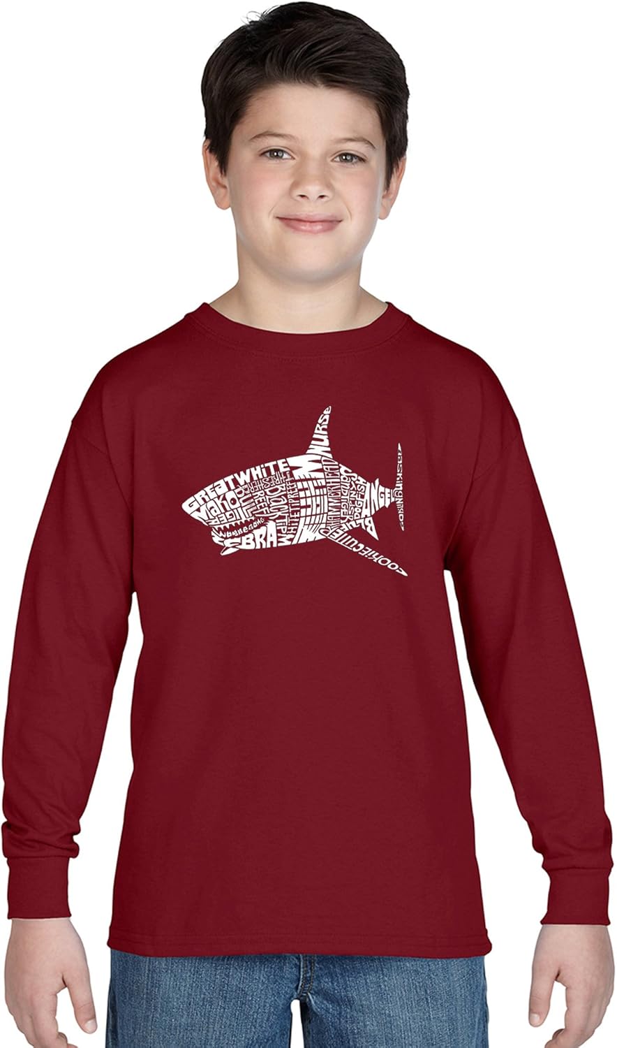 LA POP ART Boy's Long Sleeve Word Art T-Shirt - Species of Shark