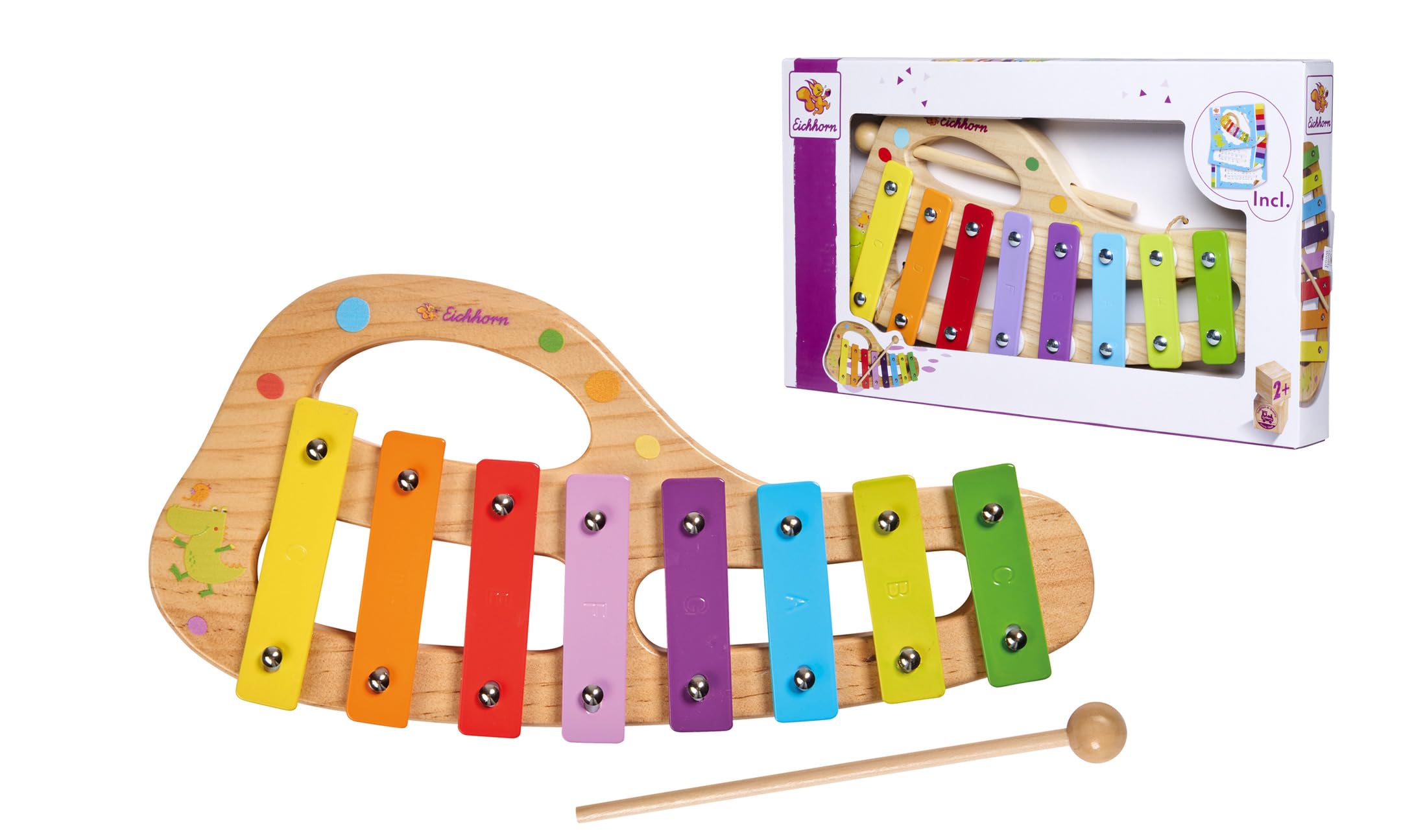 Eichhorn 100003482 Wooden Musical Xylophone Colourful Scale with 8 Tones, Includes 1 Clapper and Songbook with 5 Songs to Play 3 Pieces, 30 x 15 cm Large from Two Years