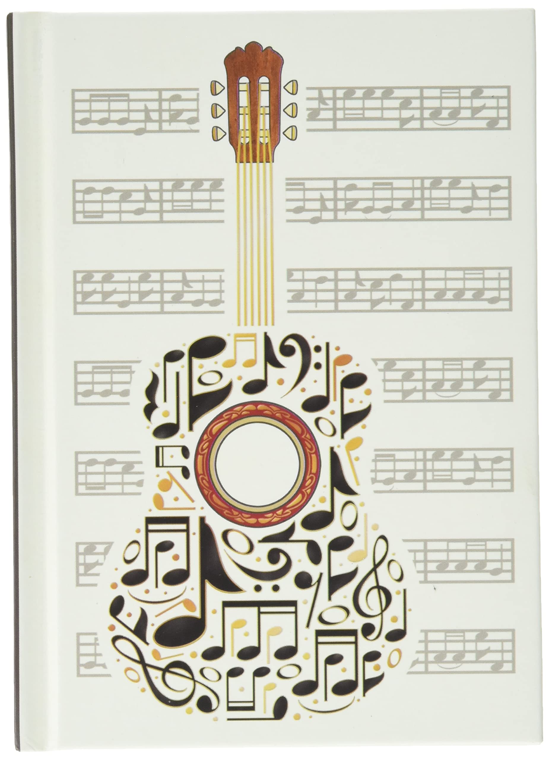 A6 Casebound Notebook - Guitar & Musical Notes Design - 120 Pages - Ruled & Silk Ribbon - Size - 148mm x 105mm