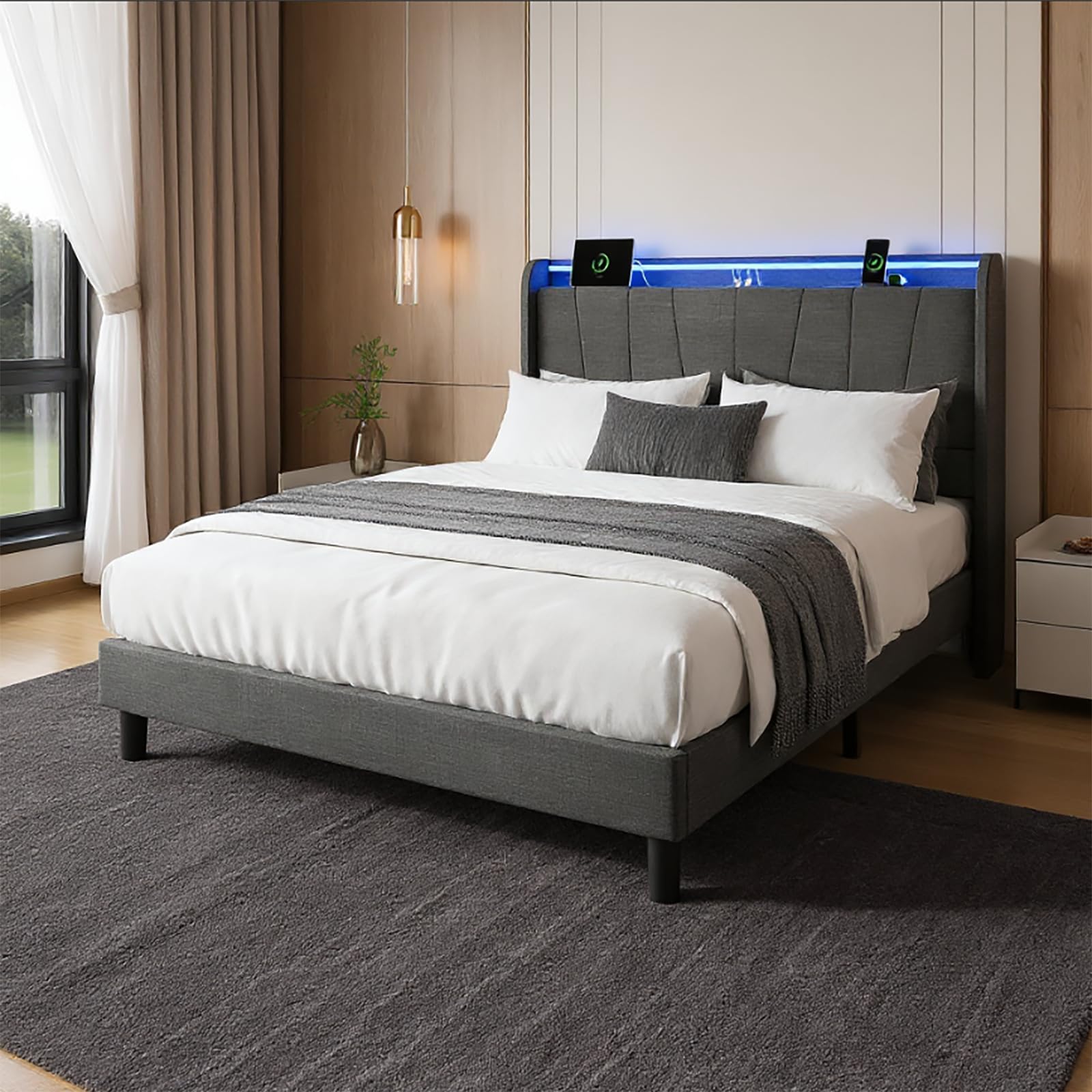 Photo 1 of **MISSING HEADBOARD**SLEKVERSA King Size Bed Frame with LED Lights and Charging Station, Fabric Upholstered Platform King Bed Frame with Headboard, No Box Spring Needed Bedframe, Noise Free, Easy Assembly, Gray