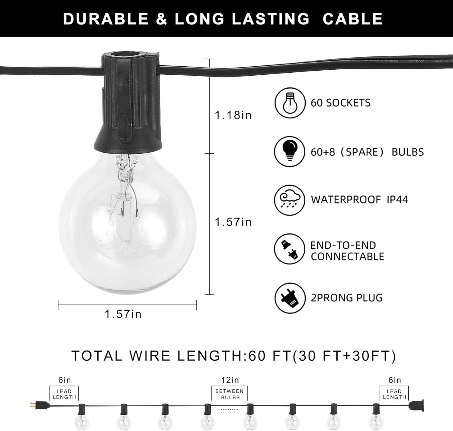 AVANLO 2 Pack 30Ft G40 Globe String Lights with 60 Clear Bulbs & 8 Spare Bulbs, Outdoor Patio, Backyard Hanging Lights or Indoor Room Decor Lights, Weatherproof IP44, 1.8M Extension Line, UL Listed : Garden & Outdoor