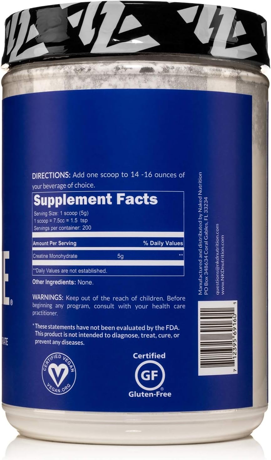 Pure Creatine Monohydrate – 200 Servings - 1,000 Grams, 2.2lb Bulk, Vegan, Non-GMO, Gluten Free, Soy Free. Aid Strength Gains, No Artificial Ingredients - NAKED CREATINE: Health & Personal Care