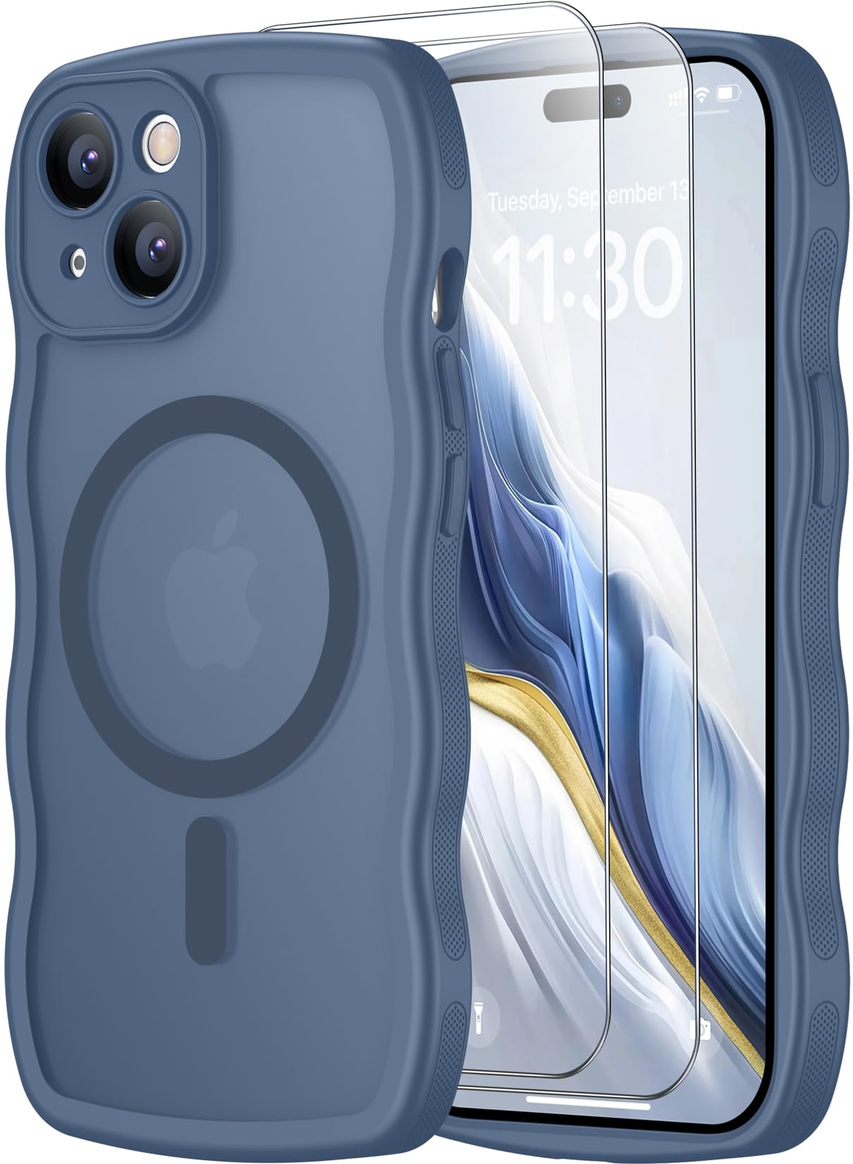 SPIDERCASE Magnetic for iPhone 15 Case, [Curly Wavy Edge] with [2 Tempered Glass Screen Protector] [Full Camera Protection] Anti-Fingerprint Anti-Scratch Case for iPhone 15 6.1”, Blue