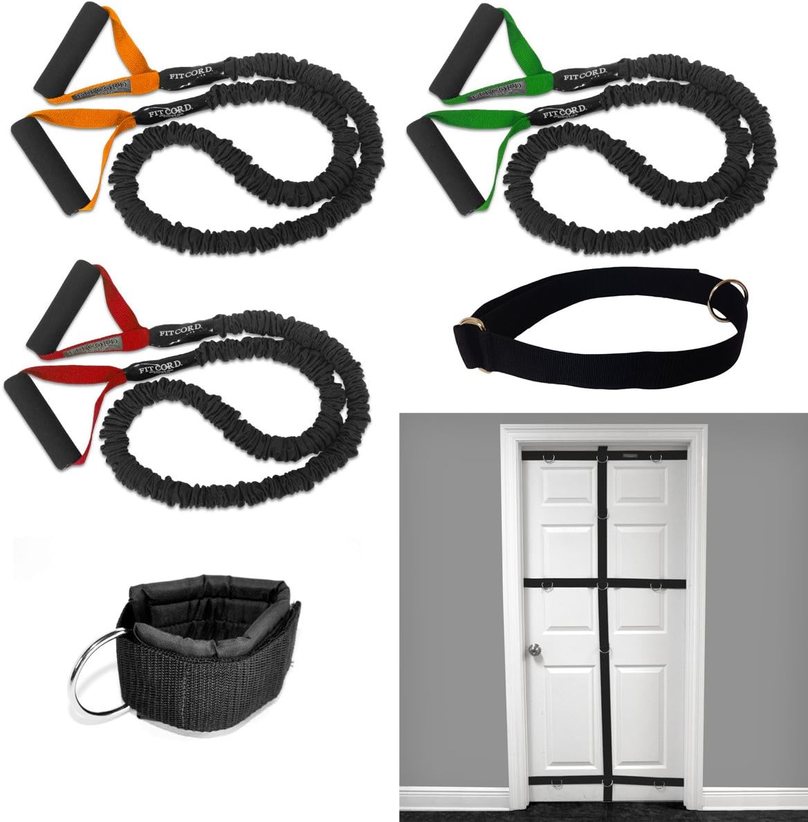 FitCord Resistance Bands Bundle - 4ft Premium Exercise Cords for Home & Gym Workouts - Set of 3-7lbs, 12lbs, 18lbs - Includes Ultimate Door Anchor, Ankle/Wrist Cuff and Training Belt