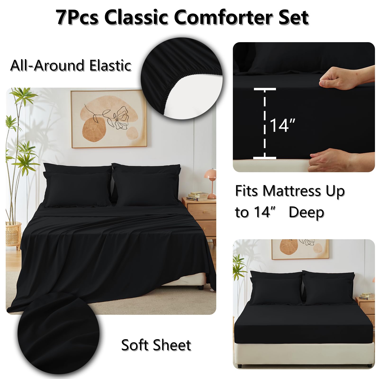 CozyLux Queen Comforter Set Black - Bed in a Bag Queen Size 7 Pieces, Luxury Soft Bed Set for All Seasons, Bedding Set with Down Alternative Comforter, Sheets, Pillowcases & Shams