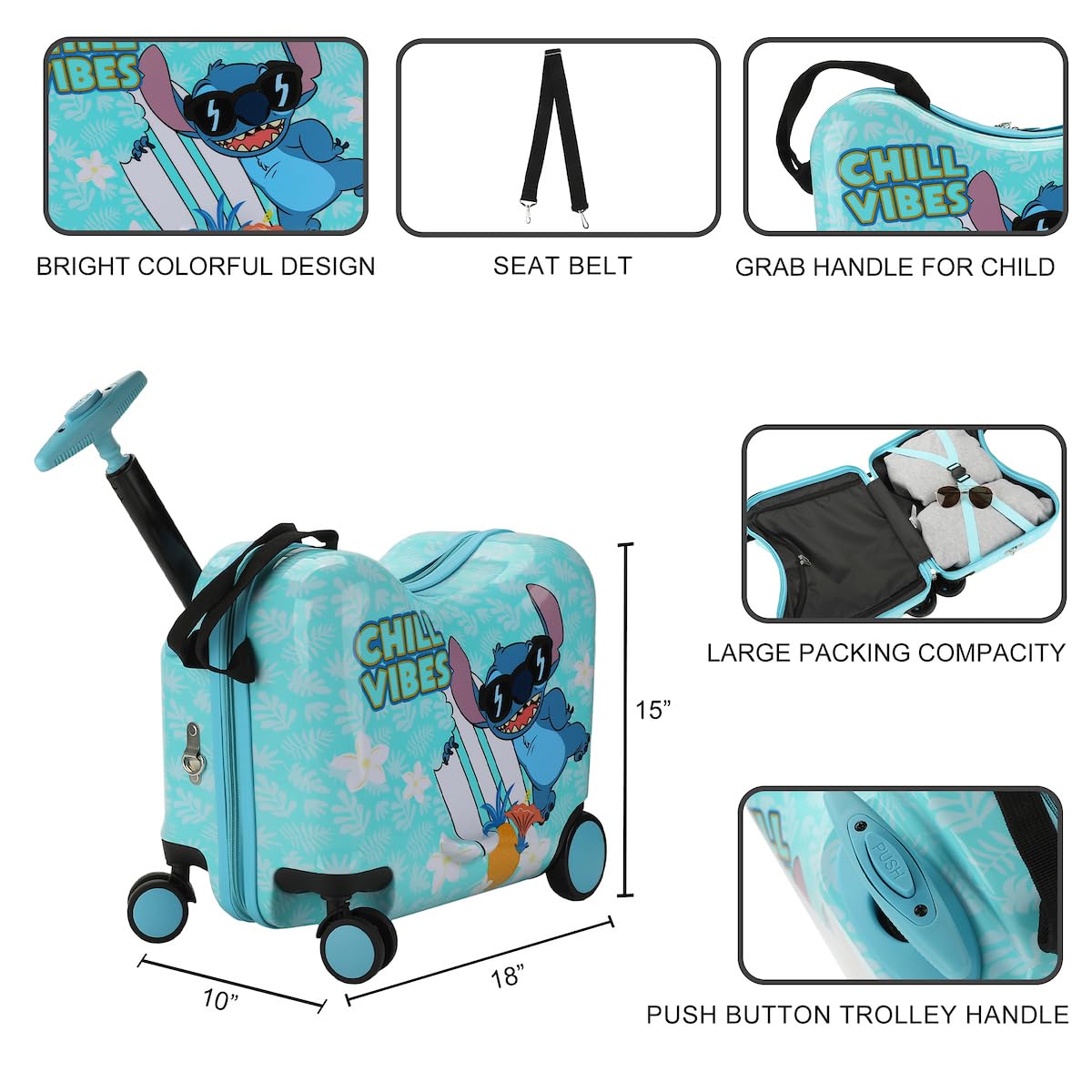Bioworld Disney Stitch Chill Vibes Children's Ride-On Luggage