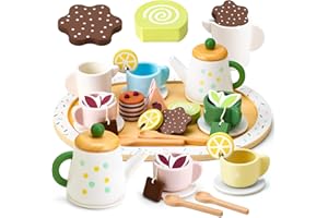 WHOHOLL Wooden Tea Party Set for Little Girls Play Food, Toddler Girl Toys Play Kitchen Accessories with Teapot Tea Cup Dessert Toys 4 Set Playset- Pretend Play Set for Toddlers 1 2 3 5