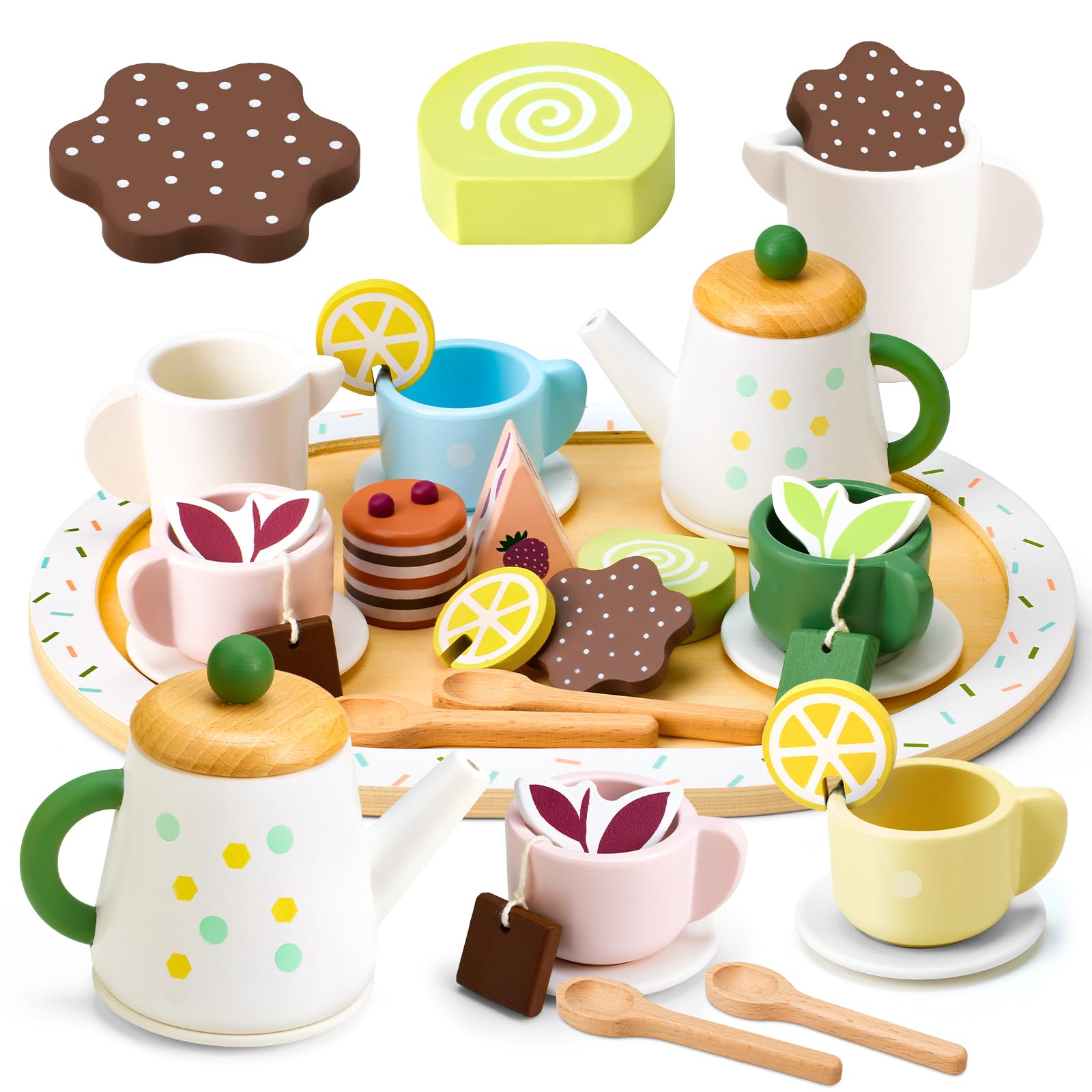 Photo 1 of WHOHOLL Wooden Tea Party Set for Little Girls Play Food, Toddler Girl Toys Play Kitchen Accessories with Teapot Tea Cup Dessert Toys 4 Set Playset- Pretend Play Set for Toddlers 1 2 3 5